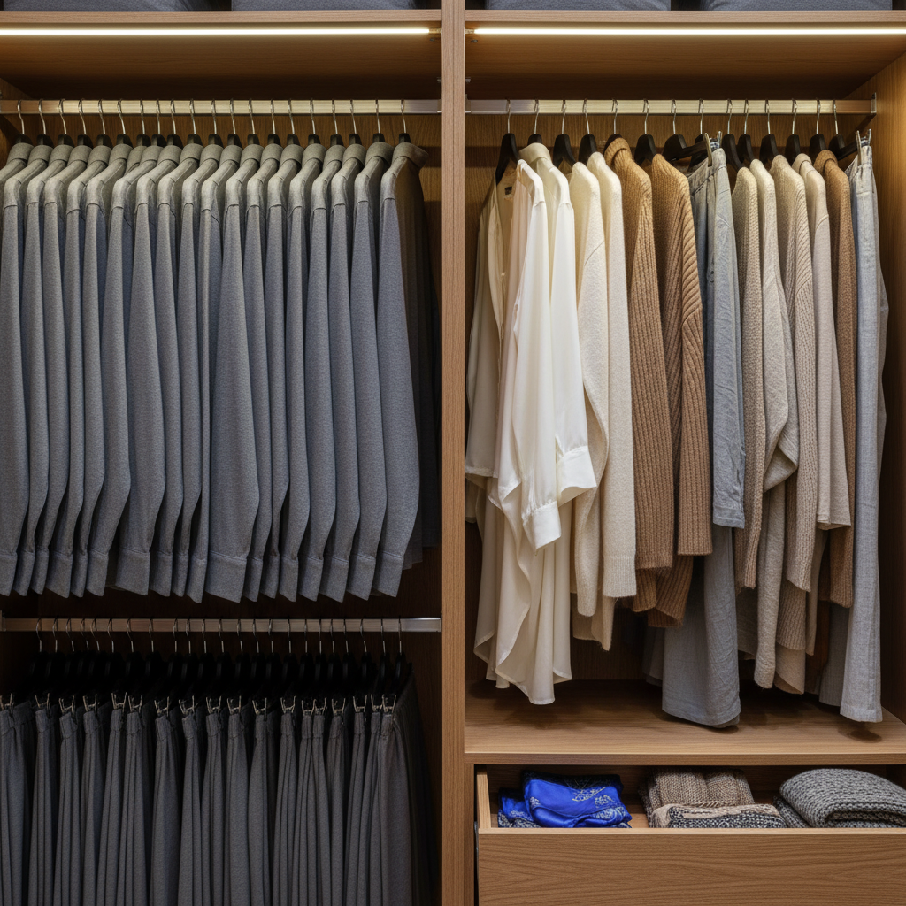 A close-up, photographic image of a tidy wardrobe interior with two clearly distinct sections. On one side, identical dark garments hang in stiff, perfectly aligned rows, evoking chronic overadaptation and self-effacement. On the other, a curated selection of garments in varied, harmonious neutrals and subtle textures suggest reclaimed authenticity and multipotentiality. Soft, diffused overhead lighting creates gentle gradients on the fabrics, revealing weave and drape. A single open drawer below reveals carefully folded scarves in different materials, like silk, linen, and wool, hinting at inner diversity. Captured from a slightly elevated angle with sharp focus throughout, the composition feels calm, refined, and introspective, inviting reflection on how external order can both conceal and reveal inner complexity.