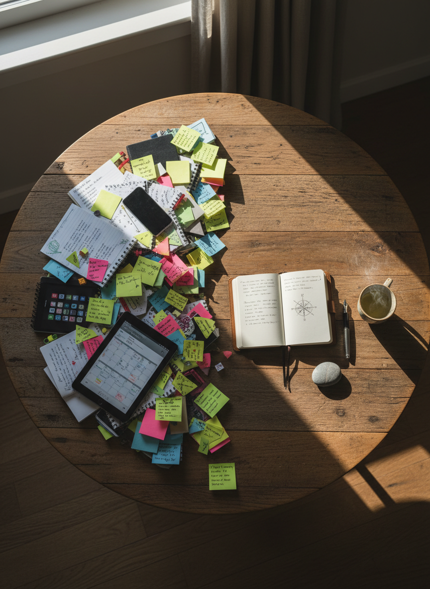 A refined, photographic top-down view of a large, round wooden table divided visually into two halves by light. On the darker side, multiple overlapping notebooks, digital devices, and sticky notes radiate outward in chaotic patterns, representing fragmented roles and chronic overadaptation. On the illuminated side, a smaller selection of objects – a single open notebook, a smooth river stone, a fountain pen, and a delicate ceramic cup of herbal tea – are arranged in an intentional circle. Morning light from an unseen window gently washes across the table, casting soft, elongated shadows that subtly blur the boundary between chaos and clarity. The mood is spacious, sophisticated, and quietly empowering, echoing the journey toward a more respectful, integrated way of functioning.