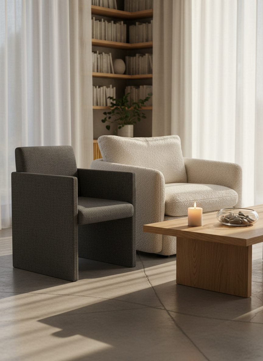 A serene, minimalist living room corner photographed in naturalistic detail, featuring two contrasting armchairs: one rigid, angular, and upholstered in tightly stretched grey fabric, the other soft, enveloping, and covered in plush, textured cream. Between them, a low wooden table holds a single lit candle and a small, asymmetrical glass bowl filled with polished stones. Late afternoon light filters through sheer curtains, casting layered shadows that intersect on the floor, symbolizing tension and release. The camera frames the scene in a balanced, rule-of-thirds composition, with a shallow depth of field softening the background bookshelves. The overall atmosphere is sophisticated and contemplative, evoking the transition from chronic overadaptation to a more authentic, supported way of being.